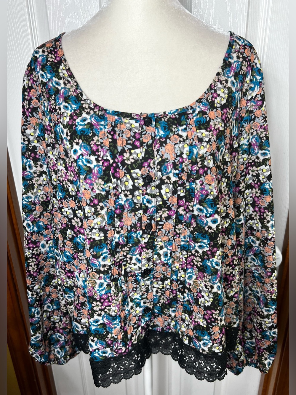 Y2K Mudd Top Blouse Floral Purple/Multicolor Lace Long Sleeve Bubble Sleeve XL